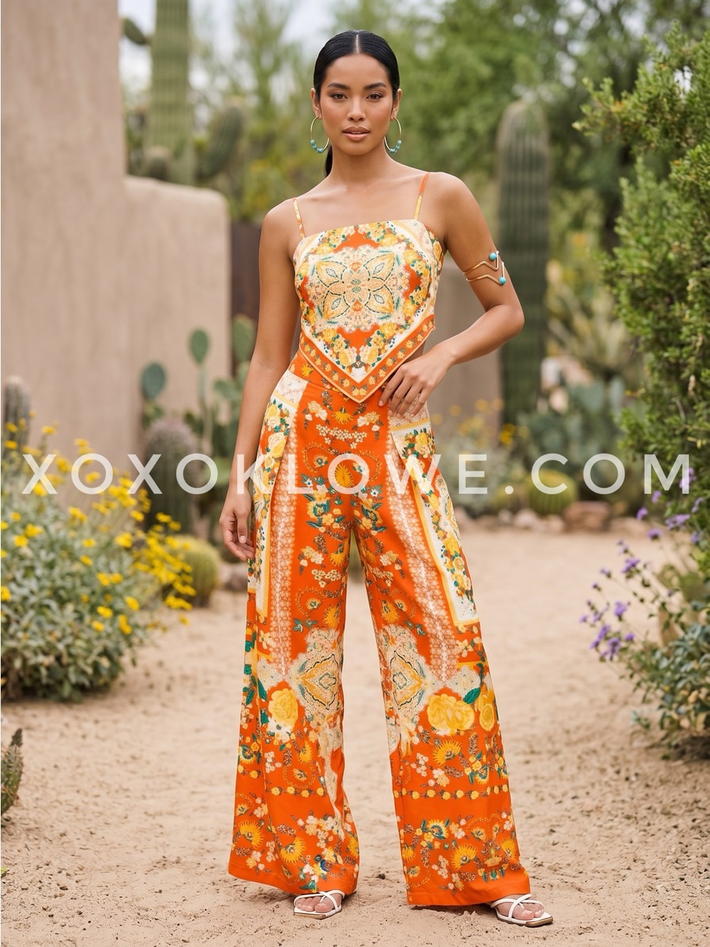 Flying Tomato Orange Floral Wide Leg Pants Set | Scarf Top High Waist